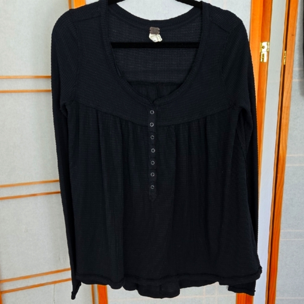 We The Free Black Buttoned Relaxed Blouse
